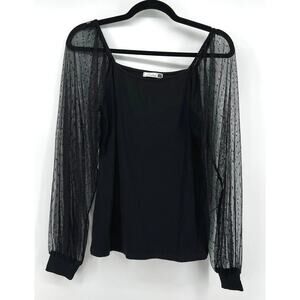 Dorose | Black Ribbed Knit Top Sheer Polka Dot Mesh Balloon Sleeves Women's M
